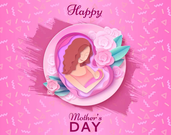 Día de las madres origami papel arte tarjeta de felicitación en estilo moderno con marco, patrones, flores, mujer sosteniendo silueta bebé. Ilustración colorida del vector tallado — Vector de stock