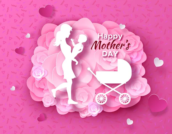 Mothers day origami paper art biglietto di auguri in stile trendy con cornice, modelli, fiori, donna che tiene la silhouette del bambino. Illustrazione vettoriale colorata intagliata — Vettoriale Stock