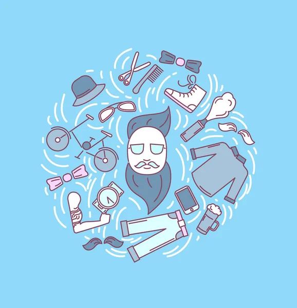 Hipster-Accessoires im Einklang mit Stil mit trendiger Kleidung, Gadgets, Fahrrad, Icons Collection, Vorlage für Banner, Flyer, Druck, Vektorillustration — Stockvektor