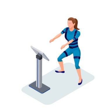 Kız fitness Center ems egzersiz, cihazı ile jimnastik yapıyor