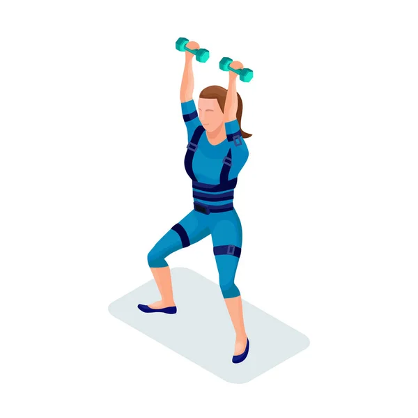 Chica en el gimnasio haciendo ejercicios ems, gimnasia con equipo — Vector de stock