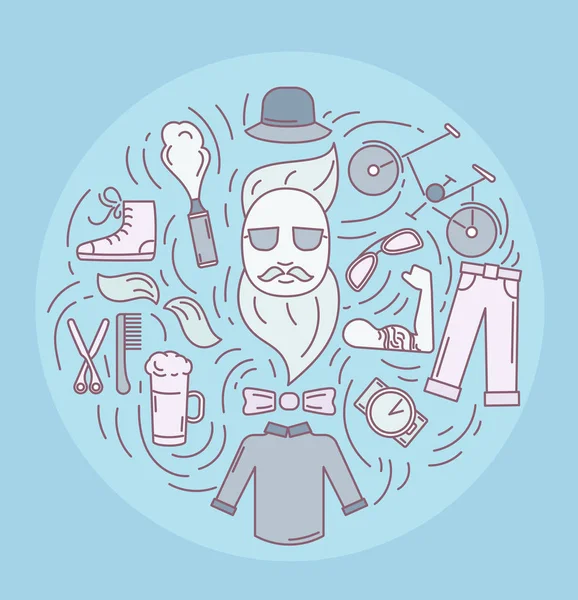 Hipster accessoires instellen in lijn kunststijl met trendy kleding, gadgets, fiets, pictogrammen collectie, sjabloon voor spandoek, folder, print, vectorillustratie — Stockvector