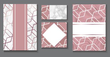 Broşür veya VIP ambalaj tasarım kümesi, lüks şal kağıt şablonu veya arka planda Mermer doku, altın gül metal, çerçeve, vektör moda duvar kağıdı, poster, hediye kutusu ile trendy geometrik tarzı