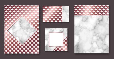 Japonya dalga deseni broşür düzen, kartvizit şablonu veya arka planda şık minimalist geometrik tarzı, Mermer doku, altın gül metal, Çin Doğu takı, trendy vektör davet