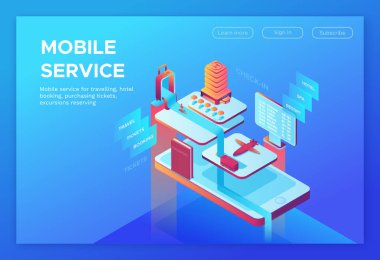 Mobil seyahat kavramı, açılış sayfası şablonu otel, uçak, smartphone, Bilet, pasaport, uygulama tasarımı, izometrik 3B simgelerle illüstrasyon vektör