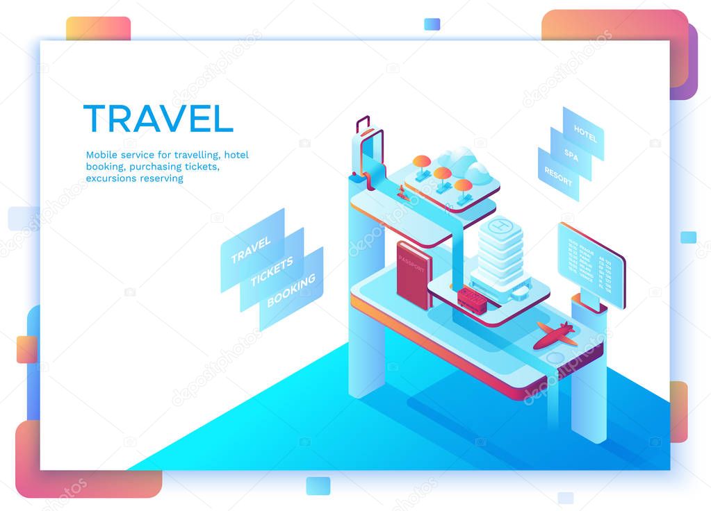 Mobile travel concept, landing page template with isometric 3d icons of hotel, airplane, smartphone, tickets, passport, application design, vector illustration