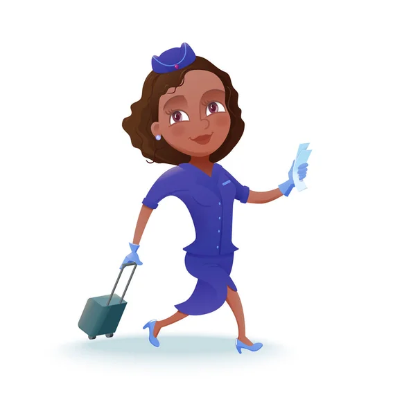 Стюардесса персонаж мультфильма, член экипажа авиакомпании, симпатичная африканская девушка в синей форме, векторная иллюстрация — стоковый вектор