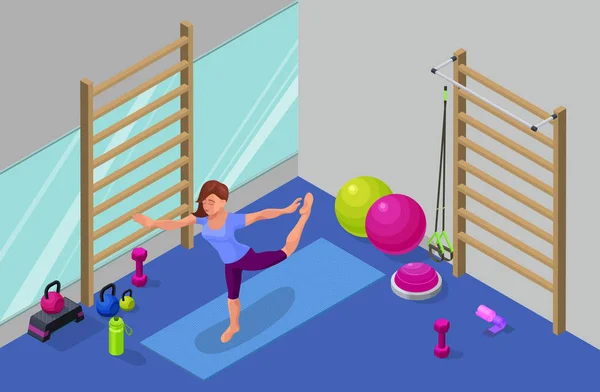 Інтер'єр студії йоги з жінкою, що займається фізичними вправами, ізометрична 3d Векторні ілюстрації зі спортивними тренуваннями, релаксацією та медитацією — стоковий вектор