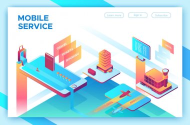 Mobil seyahat kavramı, açılış sayfası şablonu otel, uçak, smartphone, Bilet, pasaport, uygulama tasarımı, izometrik 3B simgelerle illüstrasyon vektör