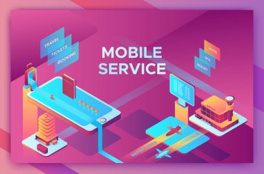 Mobil seyahat kavramı, açılış sayfası şablonu otel, uçak, smartphone, Bilet, pasaport, uygulama tasarımı, izometrik 3B simgelerle illüstrasyon vektör