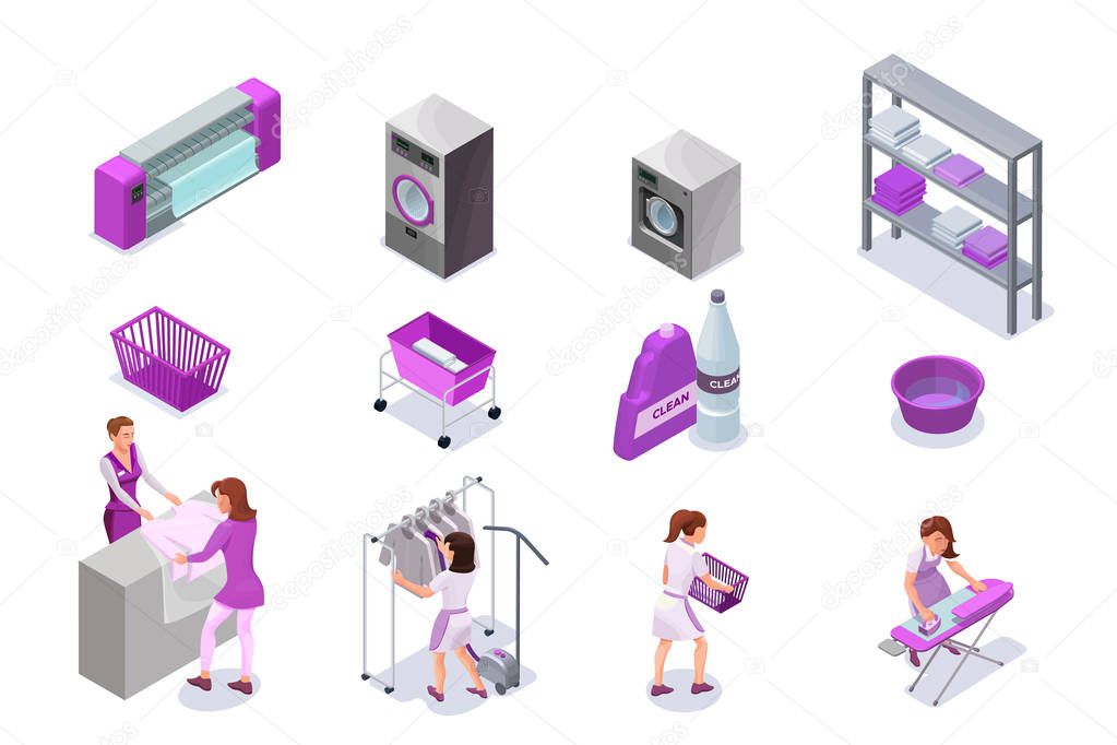 Laundry or dry cleaners service icons set, isometric 3d illustration with washingmachine and ironing machine, cleaning equipment, baskets, detergent, vector interior of clothes cleaning shop
