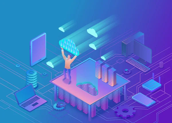 Hombre sosteniendo la nube de la infografía isométrica 3d ilustración, diseño de la página de destino, plantilla de web vectorial, concepto technolodgy moderno inteligente — Archivo Imágenes Vectoriales