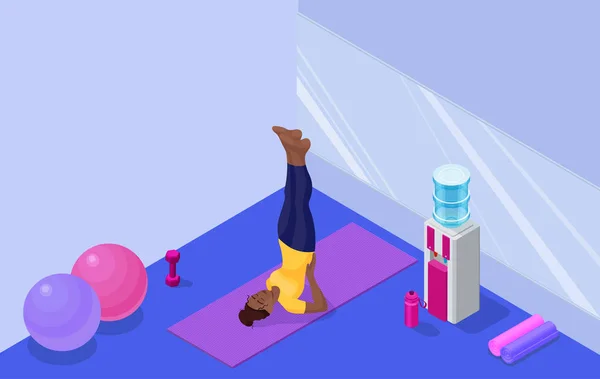 Jóga stúdió belső terében afrikai nő csinál fizikai fitness gyakorlat, izometrikus 3D vektor illusztráció sport edzés, pihenés és meditáció — Stock Vector