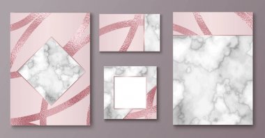 Broşür veya VIP ambalaj tasarım kümesi, lüks şal kağıt şablonu veya arka planda Mermer doku, altın gül metal, çerçeve, vektör moda duvar kağıdı, poster, hediye kutusu ile trendy geometrik tarzı