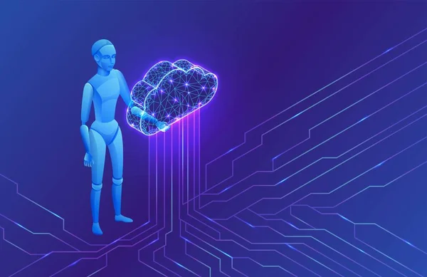 Sztuczna inteligencja w infografice przetwarzania w chmurze, robot izometryczny, ilustracja wektora 3D, futurystyczna technologia ai, koncepcja inteligentnego przechowywania danych w robotach — Wektor stockowy