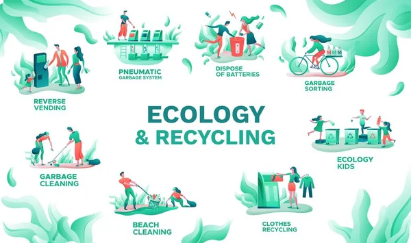 Ekologie infographics set, vektorová ilustrace s tříděním odpadků, recyklace oděvů, drtič odpadků, kreslené lidi čištění přírody, ploché vektorové pozadí — Stockový vektor