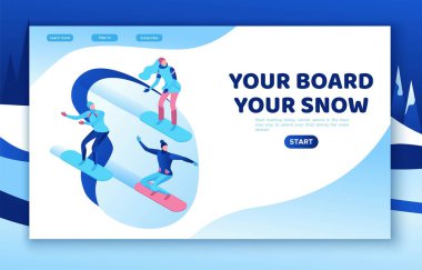 Snowboard izometrik insanlar seti, 3 boyutlu kış sporcusu snowboard sporcusu, dağda gezen kadın, basit açık hava kar oyunları, çizgi film karakterleri, modern minimal tasarım.