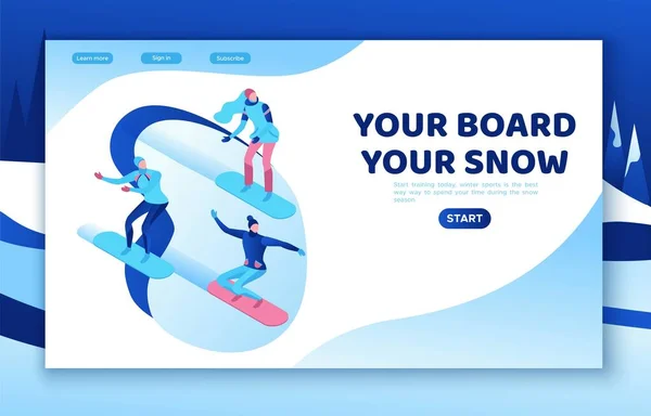 Snowboard isometrische mensen set, 3D winter vector sport man snowboarden, vrouw rijden op de berg, eenvoudige outdoor sneeuw spelletjes, stripfiguren, modern minimaal ontwerp — Stockvector