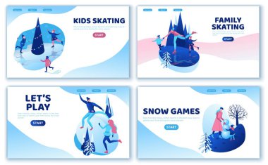 Kış sporları iniş sayfası şablonu, birlikte, ui tasarımı, buz pateni basit aile, izometrik asgari insan çizimi, vektör kış sporu, buz pateni pisti