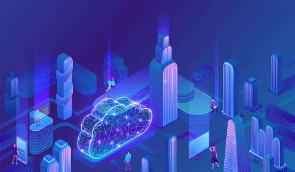 クラウドコンピューティングの概念、サーバー、スマートフォン、モデム、未来都市、ニューラルネットワークで接続されたタブレット、等方ベクトル技術の背景、現代の青のデザイン — ストックベクタ