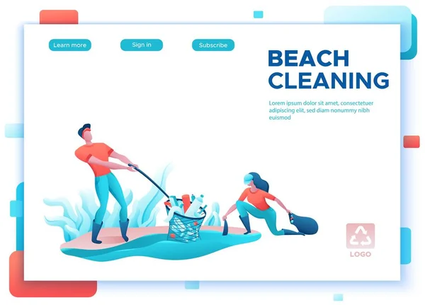 Strand part takarítás koncepció, takarítás emberek táskával, önkéntes szemetet szedés a vízből, csapat csökkenti a műanyag szennyezés, lapos rajzfilm vektor ökológia illusztráció, landing page template — Stock Vector