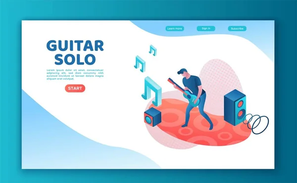 기타 플레이어 3D isometric infographic illustration, landing page template, man playing rock music at festival, concert show poster template, color icon — 스톡 벡터