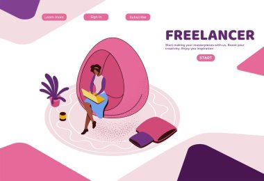 Ofiste çalışan serbest çalışan, bilgisayarlı Afrikalı bir kadın birlikte çalıştığı yerde asılı duran yumurta koltuğu, modern iç tasarım, grafik vektör illüstrasyonu, iniş sayfası şablonu