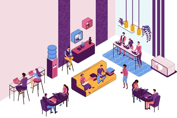 Interior de escritório moderno com cozinha e máquina de café, freelancer com laptop sentado no sofá no espaço de coworking, ilustração vetorial gráfica — Vetor de Stock