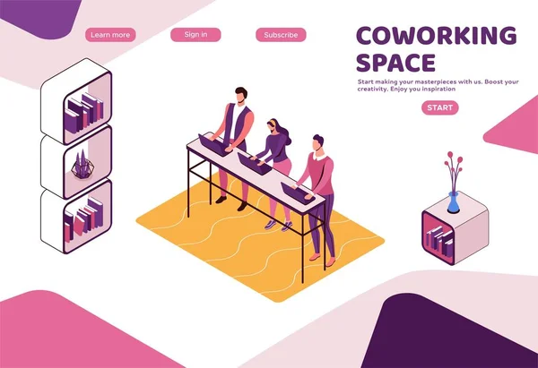 Frilansare arbetar på kontoret, personer med laptop i coworking utrymme vid stående skrivbord, isometrisk modern inredning, grafisk vektor illustration, landningssida mall — Stock vektor