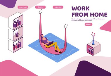 Evden çalışan serbest çalışan, hamakta yatan, dizüstü bilgisayarı olan rahat bir kadın, modern iç tasarım 3D izometrik tasarım, grafik vektör çizimi, iniş sayfası şablonu