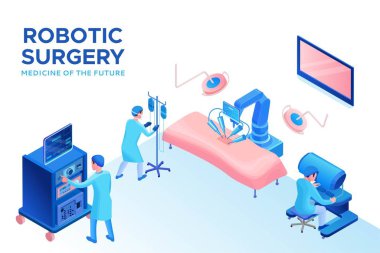 Robotik cerrahi operasyon, akıllı cerrahi robot teknolojisi, izometrik 3d AI ve tıbbi tedavi, sağlık hizmetlerinde yapay zeka robot illüstrasyon vektör