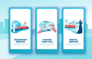 Car share mobile template set, arab people, rent automobile, businessman order ride, rental service app, smartphone concept, man, girl, flat vector design, turquoise, red color