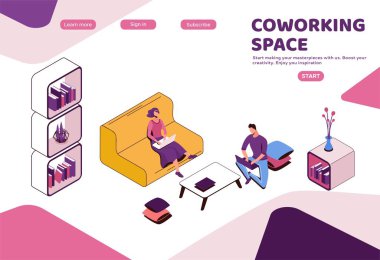 Coworking space with Freelancer sitting on sofa, man with laptop iat workplace, modern interior 3d isometric design, graphic vector illustration, landing page template