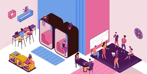 Coworking space with private phone booth, conversation room, individual workspace, freelancer working on laptop, modern office people, graphic vector illustration — 스톡 벡터