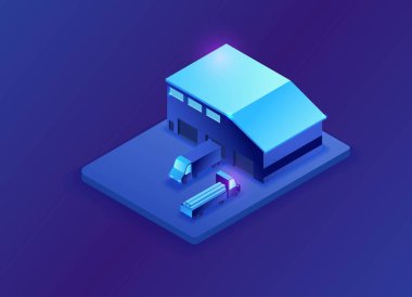 Depo izometrik 3d illüstrasyon, kamyonlu neon mavi depolama binası