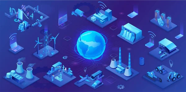 Industrieel internet van dingen infographic illustratie, blauw neon concept met fabriek, elektrische centrale, globe 3d isometrische pictogram, slim transportsysteem, mijnbouw machines, gegevensbescherming — Stockvector