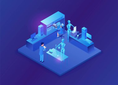 Robotların araştırma yaptığı yenilikçi bilim laboratuvarı kavramları, laboratuvar teknisyenlerinin iletken deneyleri, mavi neon vektör illüstrasyonu