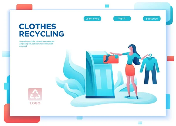 Ruha újrahasznosítás koncepció, lány teszi táska konténerbe, textil újrahasznosítás, az emberek adományozni ruházat, ökológia lapos rajzfilm illusztráció, öko háttér, landing page template — Stock Vector
