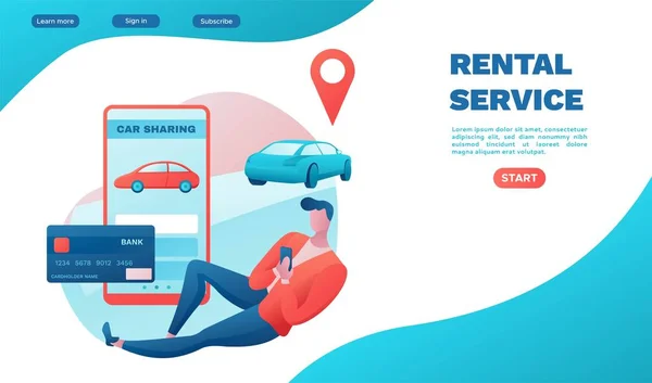 Verhuur service landing page, auto delen, zakenman order ride, Carsharing service template, mobiele app, transport sharing concept, platte vector, turquoise, rode kleur, ui ontwerp — Stockvector