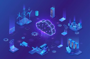 Nesnelerin interneti bulut bilgisi, neon mavi izometrik 3d resimleme akıllı teknoloji simgeleri, bilgisayar ağı, gece parlayan arkaplan
