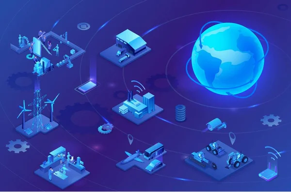 Internet industrial de las cosas ilustración infográfica, concepto de neón azul con fábrica, central eléctrica, globo icono isométrico 3d, sistema de transporte inteligente, máquinas mineras, protección de datos — Archivo Imágenes Vectoriales