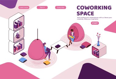 Ofiste çalışan serbest çalışan, bilgisayarlı bir kadın birlikte çalışma alanında asılı duran yumurta koltuğu, modern iç tasarım, grafik vektör çizimi, iniş sayfası şablonu