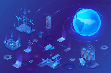 Nesnelerin interneti Infographic illüstrasyon, akıllı teknolojili neon mavi izometrik 3d konsept, küresel ışıldayan simge, gece arkaplanı parlayan bilgisayar ağı