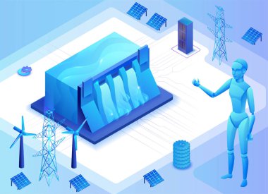 Hidroelektrik santrali izometrik vektör çizimi, 3d mavi neon elektrik santrali