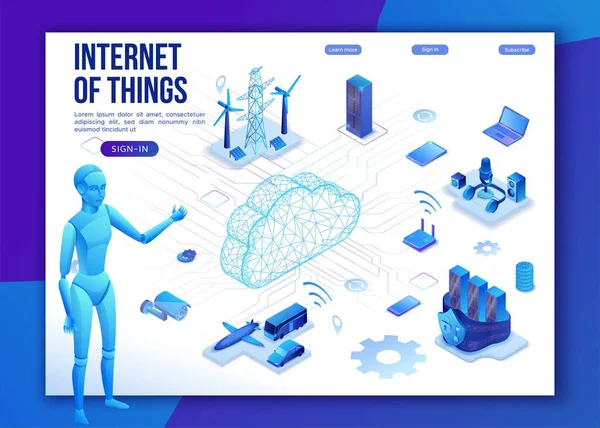 Internet rzeczy infografika chmury, neon niebieski izometryczny 3d ilustracja z ikonami inteligentnej technologii, sieć komputerowa, noc świecące tło — Wektor stockowy