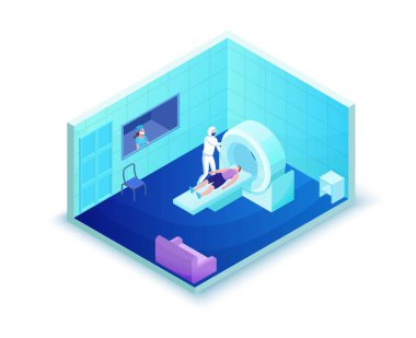 2019-nCoV Coronavirus hastasının MR taraması, sağlık sistemi, manyetik tomografili teknolojili izometrik 3d vektör çizimi, grip olmuş beyaz tıbbi maske taraması yapan doktor.