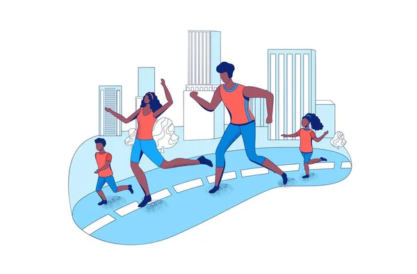 Familienlauf-Marathon gemeinsam in der Stadt, Eltern und Kinder nehmen an Rennen im Freien teil, Cartoon-Vektor-flache Illustration mit Joggern — Stockvektor