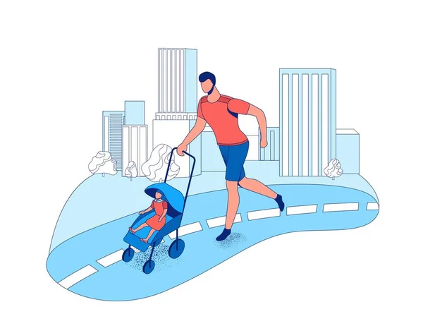 Father running marathon with baby in stroller in the city, parent and kid take part in race outdoors, cartoon vector flat illustration with people jogging — Stock Vector