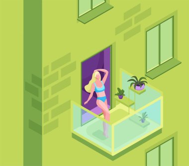 Karantina sırasında bikinili sarışın bir kadın apartmanın çatısında güneşleniyor, kız apartmanın balkonunda bronzlaşıyor, ev kavramında kalıyor, 3 boyutlu izometrik çizim yapıyor.