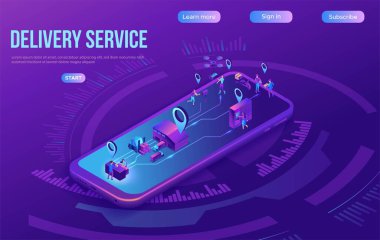 Depoda kamyonetli Isome teslimat servisi, akıllı lojistik şirketi çizimi, akıllı telefon, uçakla sevkiyat, araba, iniş sayfası şablonu, evet tasarım, insanlar paketleme istasyonunda paket alıyorlar.